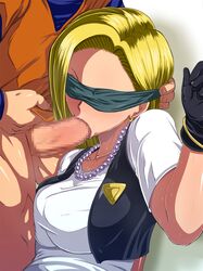 :>= android_18 blindfold blonde_hair bracelet dragon_ball dragon_ball_z earrings fellatio female gloves hair human humanoid krillin kuririn lipstick male oral pearl_necklace raburebo straight rating:Explicit score:49 user:bot