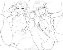 2boys 2girls big_breasts black_and_white blush bottomless bra braided_hair cleavage collar deareditor fortnite fortnite:_battle_royale gloves greyscale harlowe_(fortnite) haven_(fortnite) holding_hands legs_apart long_hair monochrome navel no_panties on_bed pillows pins ponytail pubic_hair sketch sweat sweater tank_top thick_thighs thighhighs tongue_out vaginal_penetration white_background wide_hips rating:Explicit score:89 user:Combee21