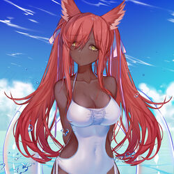 1girls artist_request bare_arms bare_shoulders belly_button belly_button_visible_through_clothing breasts cleavage dark-skinned_female dark_skin female female_only hair_ribbon inner_ear_fluff inner_sideboob long_hair one-piece_swimsuit red_hair sky slit_pupils solo tagme twintails water wet white_swimsuit wolf_ears wolf_girl yellow_eyes rating:Questionable score:35 user:CalZone