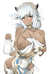 1girls ash_(fire_emblem) bad_censor bangs bare_shoulders bare_thighs blush breasts brown_eyes cleavage clothes_removed collarbone covering covering_breasts cow_girl dark-skinned_female dark_skin earrings embarrassed female_only fire_emblem fire_emblem_heroes heart hourglass_figure huge_breasts looking_at_viewer medium_hair milk nintendo pointy_ears silver_hair solo thighhighs thighs toshimasa wardrobe_malfunction white_background white_hair yellow_eyes rating:Questionable score:101 user:Hyunkel