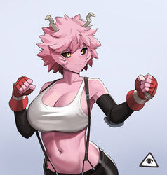 1girls black_sclera blush breasts cleavage cosplay crossover donburikazoku female female_only final_fantasy final_fantasy_vii fingerless_gloves fully_clothed gloves horns large_breasts messy_hair midriff mina_ashido my_hero_academia pink_hair pink_skin short_hair skirt solo suspenders tank_top tifa_lockhart_(cosplay) tomboy yellow_eyes rating:Safe score:244 user:Disastermaster55