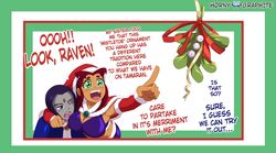 2girls christmas dc dc_comics dialogue green_eyes grey_skin happy hornygraphite mistletoe oppai purple_eyes purple_hair rachel_roth raven_(dc) red_hair starfire straight_hair teen teen_titans rating:Explicit score:29 user:HornyTurnt