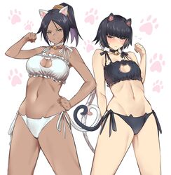 2girls animal_ears animal_print arm_behind_back arm_up bangs bell black_bra black_hair black_panties bleach blue_eyes blunt_bangs bra braid breasts brown_skin cat_cutout cat_ears cat_lingerie cat_panties cat_print cat_tail choker clothing_cutout dark-skinned_female dark_skin embarrassed female_only hair_tie hand_on_hip highres jingle_bell kuma_(jk0073) large_breasts light-skinned_female light_skin long_hair looking_at_viewer meme_attire multiple_girls navel neck_bell panties parted_bangs paw_pose paw_print ponytail print_panties purple_hair shihouin_yoruichi side-tie_panties small_breasts smile soifon standing tail teacher_and_student twin_braids twintails underwear white_background white_bra white_panties yellow_eyes rating:Questionable score:414 user:UnrealHarbor