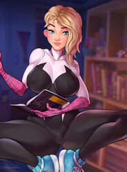 1girls ange1witch bed bedroom big_breasts blond blonde_hair bodysuit breasts crouching curvaceous curvy eyebrow_piercing female female_only gwen_stacy hero_costume large_breasts looking_at_viewer marvel notebook piercing punk short_hair spandex spider-gwen spider-man:_across_the_spider-verse spider-man:_into_the_spider-verse spider-man_(series) squatting superhero_costume superheroine thick_thighs thighs tomboy wide_hips rating:Explicit score:110 user:justausername