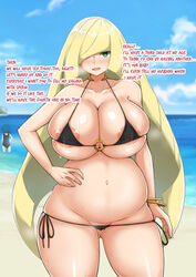 2girls alternate_breast_size areolae beach big_breasts bikini blonde_hair breasts cheating english_text eye_contact female front_view green_eyes hair_over_one_eye hand_on_hip hand_on_own_hip high_resolution huge_breasts lana_(pokemon) large_breasts long_hair looking_at_viewer lusamine_(pokemon) mature_female micro_bikini milf mother nintendo pokemon pokemon_sm pregnant smile standing sweat thick_thighs thighs thong voluptuous water wide_hips yamaori rating:Questionable score:177 user:Azureknight95