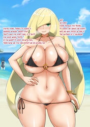 2girls alternate_breast_size areolae beach big_breasts bikini blonde_hair breasts english_text eye_contact female front_view green_eyes hair_over_one_eye hand_on_hip hand_on_own_hip high_resolution huge_breasts lana_(pokemon) large_breasts long_hair looking_at_viewer lusamine_(pokemon) mature_female micro_bikini milf mother nintendo pokemon pokemon_sm smile standing thick_thighs thighs thong voluptuous water wide_hips yamaori rating:Questionable score:119 user:Azureknight95