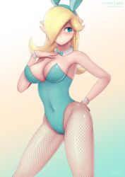 1girls alternate_costume blonde_hair blue_eyes blush breasts bunnysuit clothed clothing female fishnet_stockings fishnets long_hair looking_away mario_(series) nintendo nipple_visible_through_clothes playboy_bunny playboy_bunny_leotard princess_rosalina solo tagme zelc-face rating:Questionable score:171 user:Redguy7