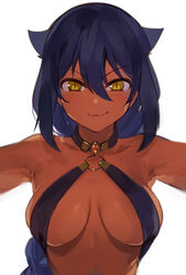 :3 animal_ears armpits backlighting bangs bare_shoulders bikini bikini_top black_hair braid breasts cleavage closed_mouth dark-skinned_female dark_skin eyebrows_visible_through_hair female hair_between_eyes hair_flaps halterneck high_resolution jahy jahy_sama_wa_kujikenai! konbu_wakame large_breasts long_hair looking_at_viewer medium_breasts o-ring o-ring_top revealing_clothes simple_background single_braid slit_pupils smile smug solo swimsuit tied_hair upper_body very_long_hair white_background yellow_eyes rating:Questionable score:224 user:justff69