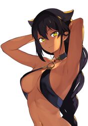 a_k_o animal_ears armpits arms_up backlighting bare_shoulders black_hair braid breasts choker cleavage closed_mouth dark-skinned_female dark_skin eyebrows_visible_through_hair female female_only gem glint hair_between_eyes hair_flaps halterneck high_resolution jahy jahy_sama_wa_kujikenai! konbu_wakame long_hair looking_at_viewer medium_breasts navel nude_filter_request o-ring o-ring_top official_art pointed_ears simple_background single_braid slit_pupils smile smirk solo tied_hair very_high_resolution very_long_hair white_background yellow_eyes yumemiru_prima_girl rating:Questionable score:211 user:justff69