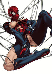 ass bodysuit breasts dima_ivanov exposed_breasts exposed_pussy legs_apart marvel mask masked_female mayday_parker nipples pussy spider-girl spider-man_(series) spread_legs spreading sweat sweaty tearing_clothes tied_up torn_bodysuit torn_clothes torn_clothing webs rating:Explicit score:262 user:vanwafer_