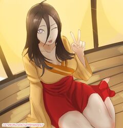 1girls :p bare_legs barefoot big_breasts boruto:_naruto_next_generations breasts brown_hair cleavage clothed clothed_female female female_only hakama hakama_skirt huge_breasts hyuuga_hanabi kimono light-skinned_female light_skin long_hair looking_at_viewer naruto naruto_(series) peace_sign shiny shiny_hair shiny_skin sitting sliding_doors solo solo_focus sticking_out_tongue tongue tongue_out uchihaniray v violet_eyes wooden_floor rating:Safe score:51 user:UnrealHarbor