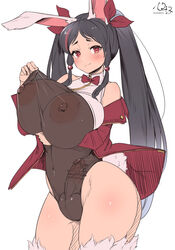 1futa 2d_(artwork) animal_ears areolae bar_censor big_breasts big_penis black_hair blush breasts bunny_ears bunnysuit censored clothed clothing erection futa_only futanari horny humanoid kemonomimi large_breasts leotard light-skinned_futanari light_skin long_hair looking_at_viewer mostly_clothed nipples penis penis_under_clothes red_eyes see-through see-through_clothing solo standing tagme testicles twintails wide_hips yana_(nekoarashi) rating:Explicit score:460 user:willforget