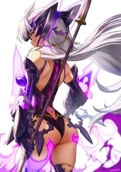 1girls ass athenawyrm back_view bare_shoulders big_ass black_leotard dark-skinned_female dark_skin elbow_gloves female female_only gloves holding_object holding_weapon latex leotard long_hair looking_at_viewer looking_back purple_eyes solo solo_female t-elos thighhighs video_games weapon white_background white_hair xenoblade_(series) xenoblade_chronicles_2 xenosaga rating:Questionable score:55 user:InstantNoodulz