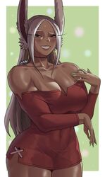 1girls big_breasts bikini_tan blush breasts brown_lips bunny_ears bunny_girl choker christmas clothed collarbone covered_navel curvy dark-skinned_female dark_skin eye_contact female fully_clothed green_fingernails gud0c hoop_earrings huge_breasts long_eyelashes long_hair looking_at_viewer minidress miruko mismatched_tanlines my_hero_academia off-shoulder_dress red_dress red_eyes rumi_usagiyama silver_hair solo standing tanline thick_thighs thighs voluptuous white_hair wide_hips rating:Safe score:323 user:Bikuta69