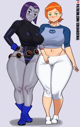 2girls aged_up alternate_breast_size belly_button ben_10 big_breasts black_leotard blush boots cartoon_network clothed clothed_female clothes clothing coldarsenal crossover curvaceous curvy curvy_figure dc dc_comics female female_only forehead_jewel fully_clothed green_eyes gwen_tennyson large_breasts leotard looking_at_viewer orange_hair original_gwen pants pink_thong purple_hair rachel_roth raven raven_(dc) redhead short_hair smooth_skin teen_titans thick thick_thighs thong voluptuous whale_tail wide_hips rating:Safe score:366 user:dedc23