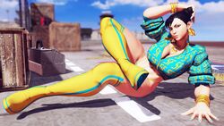 3d boots busty capcom chun-li chun-li_(cover_girl) cleavage crop_top female female_focus female_only g-string hourglass_figure pinup pinup_pose pose posing repinscourge sleeves_rolled_up solo street_fighter street_fighter_v thigh_boots wide_hips rating:Questionable score:48 user:rohald