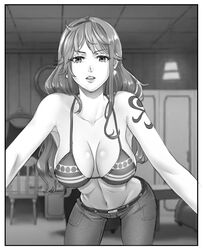 1girls 2d_(artwork) bedroom belt big_breasts bikini_top breasts clothed curvy curvy_female curvy_figure ear_piercing female female_only greyscale jeans kerana_art leaning_forward long_hair looking_at_viewer midriff nami no_shirt one_piece post-timeskip solo tattoo thousand_sunny toned_female rating:Questionable score:155 user:lespam_605