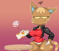 1girls animal_crossing annoyed anthro ass beverage big_breasts big_butt bottomless breasts brown_body clothed clothing container cup digital_media_(artwork) domestic_cat fangs featureless_crotch felid feline felis female female_only fur furniture furry furry_only hand_on_hip hi_res jacket katt_(animal_crossing) mammal nintendo orange_juice purple_yoshi_draws shortstack simple_background solo table tail thick_thighs topwear video_games wide_hips yellow_eyes rating:Questionable score:42 user:DemonKitty15