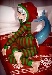 1girls animal_tail ass barefoot blue_eyes blue_highlights butt_flap christmas clothed clothed_female drop_seat_pajamas eye_contact feet female foot_fetish gawr_gura greek_toe hololive hololive_english hololive_myth hooded kairuhentai kairunoburogu looking_at_viewer lying_on_bed medium_hair onesie pajamas small_breasts soles solo tagme tail thighs tight_clothing toes two_tone_hair virtual_youtuber vtuber white_hair young youtuber rating:Questionable score:283 user:Bikuta69