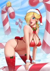 1girls bell bells bent_over blonde_hair blue_eyes blush blushing_at_viewer bow breasts candy_cane christmas christmas_clothing christmas_outfit cleavage deilan12 female female_only hair_over_one_eye looking_at_viewer luma mario_(series) neck_ribbon nintendo princess_rosalina ribbon ribbons santa_hat snow solo solo_focus thighhighs rating:Questionable score:30 user:porkerpig225