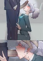 2boys blush business_suit clothed_sex fellatio femboy gay girly head_grab irrumatio kirushi kneeling licking_penis long_hair male_only office_clothing oral oral_sex ponytail tagme trap yaoi rating:Explicit score:646 user:MegaMoo