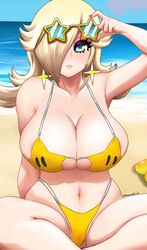 awesomeerix beach big_breasts bikini blonde_female earrings eyewear_on_head huge_breasts luma luma_bikini mario_(series) princess_rosalina star_bikini sunglasses_on_head super_mario_galaxy top_heavy voluptuous rating:Questionable score:156 user:Flake456