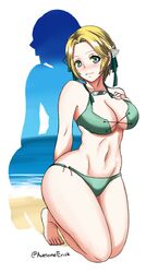 1girls alternate_costume awesomeerix bare_legs barefoot beach blonde_hair breasts cleavage fire_emblem fire_emblem:_three_houses green_bikini green_eyes green_swimsuit ingrid_brandl_galatea kneeling looking_at_viewer medium_breasts nintendo ocean post-timeskip short_hair smile solo swimsuit thick_thighs wide_hips rating:Questionable score:33 user:Flake456