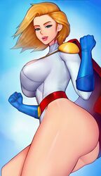 1girls ass big_ass blonde_hair blue_eyes cape clothed dc dc_comics female female_only gloves kara_zor-el kara_zor-l karen_starr large_breasts leotard licking_lips lipstick loodncrood looking_at_viewer power_girl solo superheroine superman_(series) thick_thighs rating:Questionable score:165 user:Zomdra