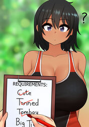 1boy 1girls 2021 ? absurd_res arms_behind_back bare_shoulders black_hair blurry blurry_background breasts checklist cleavage clipboard competition_swimsuit confused cute dark-skinned_female dark_skin english_text eyebrows_visible_through_hair female female_focus forest hair_between_eyes highres himiko_(the_only_shoe) holding_object huge_breasts looking_at_viewer male male_pov meme one-piece_swimsuit original outdoors pen pov purple_eyes short_hair swimsuit tan text the_only_shoe tomboy rating:Questionable score:386 user:Blookryynnn