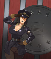 barleyshake bethesda_softworks big_breasts black_hair black_lipstick blue_eyes cleavage enclave fallout fallout_76 female_soldier hand_on_hip hourglass_figure military military_cap military_clothing military_hat military_jacket millennium4ever officer original_character salute scar small_waist soldier solo the_gotthards uniform rating:Questionable score:128 user:LustKrieger69