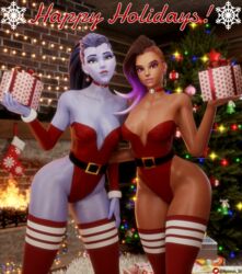 2girls 3d big_breasts breasts choker christmas christmas_tree dark-skinned_female female female_only nemesis_3d overwatch sombra tattoo thick_thighs thighhigh_socks thighhighs thighs widowmaker rating:Explicit score:146 user:Nemesis_3d