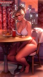 1girls 3d artist_name big_breasts blonde_hair blue_eyes bra breasts breasts_on_table chair cleavage croissant ear_piercing female female_only glasses jewelry kachigachi lowres mercy mug necklace nipple_bulge overwatch painted_nails panties patreon_username plate sitting smartphone table tired twitter_username rating:Questionable score:111 user:starboyjoe