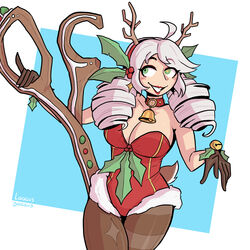 1girls antlers bell choker christmas christmas_outfit gwen_(league_of_legends) league_of_legends leotard loggus_doggus red_lipstick reindeer_antlers simple_background twindrills rating:Questionable score:65 user:Log_draws