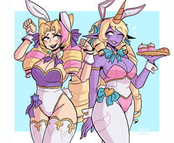 bunny_ears bunnysuit cafe_cutie_gwen cafe_cutie_soraka cafe_cuties_series gwen_(league_of_legends) holding_object holding_plate horn league_of_legends loggus_doggus purple_skin soraka twindrills rating:Questionable score:133 user:Log_draws