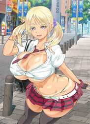 1girls alexis_(rebis) ass_cleavage belt big_breasts blonde_hair butt_crack female female_only gloves gyaru huge_breasts looking_at_viewer necktie open_mouth rebis skirt solo tagme tan tan_lines thick_thighs thighhighs thighs rating:Questionable score:167 user:daft_human