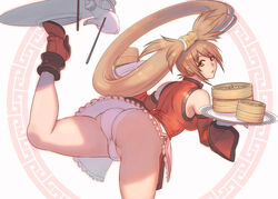 ass balancing boots brown_eyes brown_hair cook guilty_gear kondo_rui kuradoberi_jam looking_at_viewer looking_back one_leg_up panties skirt standing tagme thighs trefoil upskirt waitress white_panties rating:Questionable score:49 user:AbsoluteTerritory