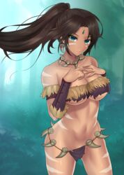 2d 2d_(artwork) barely_clothed black_hair ero_waifu forest forest_background gem_on_forehead green_eyes green_eyes_female huge_breasts jewel_on_forehead league_of_legends nidalee ponytail riot_games skimpy skimpy_clothes strapless strapless_top strapless_topwear tied_hair tribal_markings tribal_tattoo tribal_tattoos tubetop rating:Explicit score:30 user:GLVee