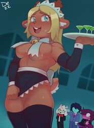 1boy 1other 2girls anthro antlers breasts buck_teeth butler cocktail_glass covered_nipples cup deer_tail deltarune dezz drinking_glass furry glasses goat_boy goat_horns highres horns kris_(deltarune) maid_headdress multiple_girls no_panties noelle_holiday pussy ralsei reindeer_antlers reindeer_girl skirt susie_(deltarune) sweat tail teeth tray rating:Explicit score:321 user:bot