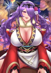 1girls 2021 alternate_costume artist_logo artist_signature blush breasts camilla_(fire_emblem) camilla_(new_year)_(fire_emblem) cleavage clothed clothed_female detached_sleeves female female_only fire_emblem fire_emblem_fates fire_emblem_heroes fur_collar hair_ornament hair_over_one_eye hi_res huge_breasts japanese_clothes kaos_art kimono long_hair looking_at_viewer new_year nintendo official_alternate_costume open_mouth outdoors purple_eyes purple_hair smile spread_legs thick_thighs thighs very_long_hair rating:Questionable score:81 user:Cero_Oscuras