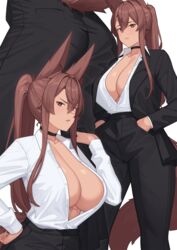 abs animal_ear_fluff animal_ears ass black_choker black_jacket black_pants breasts brown_eyes brown_hair business_suit choker collared_shirt dark-skinned_female dark_skin female formal fox_ears fox_tail franham from_behind hair_between_eyes hand_on_hip hands_in_pockets high-waist_pants highres jacket jacket_over_shoulder jacket_removed large_breasts long_hair long_sleeves looking_at_viewer multiple_views nee-san_(franham) no_bra open_clothes open_jacket open_mouth original pants partially_unbuttoned pocket ponytail shirt shirt_tucked_in sidelocks simple_background standing suit suit_jacket tail teeth toned upper_teeth white_background white_shirt rating:Questionable score:86 user:grimmriper25