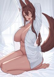 abs animal_ears arms_up barefoot breasts brown_eyes brown_hair clothes_lift collared_shirt curtains dark-skinned_female dark_skin dress_shirt female fox_ears fox_girl fox_tail franham full_body hair_between_eyes hand_on_own_arm highres huge_breasts indoors looking_at_viewer naked_shirt nee-san_(franham) on_bed one_eye_closed open_clothes open_mouth open_shirt original seiza shirt shirt_lift sitting solo stretch tail tail_lift tan tan_skin tanned tanned_skin teeth unbuttoned upper_teeth rating:Questionable score:68 user:grimmriper25