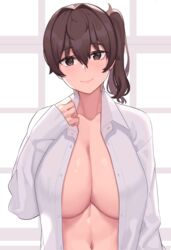 1girls alternate_costume big_breasts blouse breasts brown_eyes brown_hair cleavage collarbone dress_shirt female female_only franham highres kaga_(kantai_collection) kantai_collection large_breasts lipstick long_hair long_sleeves looking_at_viewer makeup naked_shirt navel open_clothes open_shirt pale_skin pointy_chin shirt side_ponytail smile solo upper_body white_shirt rating:Questionable score:36 user:grimmriper25