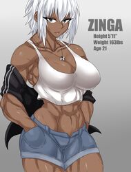 1girls abs dark_skin fit fit_female jacket jeans large_breasts muscular_female original scars short_hair tank_top tanktop tomboy unbuttoned white_hair zinga_(zokusuke) zokusuke rating:Questionable score:110 user:Gajulaman