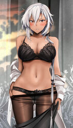 absurdres alternate_hairstyle black_bra black_legwear black_nails black_panties blush bra breasts brown_eyes cleavage clothes_pull collarbone dark-skinned_female dark_skin feet_out_of_frame female fingernails hair_between_eyes highres kantai_collection large_breasts long_hair musashi_(kantai_collection) nail_polish navel open_mouth panties pantyhose pantyhose_pull silver_hair solo underwear yunamaro rating:Questionable score:114 user:grimmriper25