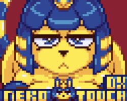 1girls :< animal_crossing ankha ankha_(animal_crossing) armwear big_breasts blue_eyes blue_fur blue_hair breasts cat_tail cleavage countmoxi eyeliner female female_focus female_only frown gold hair_ornament highres laying_on_stomach looking_at_viewer neko_touch_dx nintendo pixel_art red_background simple_background solo solo_female solo_focus striped_tail tail title two-tone_hair two_tone_body two_tone_fur upscaled yellow_fur rating:Questionable score:20 user:whoop123