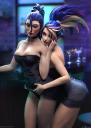 2girls 3d akali blue_hair blurry_background choker cocktail_glass dress dress_lift female female_only hoop_earrings k/da_all_out_akali k/da_all_out_kai'sa k/da_all_out_series kai'sa league_of_legends minidress panties strapless_dress tagme therealzoh rating:Questionable score:254 user:ugaugaugau12e