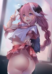 1boy absurd_res ass ass_focus astolfo_(fate) backpack big_ass big_butt blurred_background blurry_background blush bow braided_hair bubble_ass bubble_butt crossdressing cute_fang dat_ass fate/grand_order fate_(series) femboy hair_ribbon hairbow highres hips kanachirou long_hair looking_at_viewer nervous nervous_smile no_panties no_underwear oerba_yun_fang open_mouth pink_eyes pink_hair school_uniform skirt skirt_lift sweat sweatdrop thighhighs v_sign white_highlights white_shirt rating:Explicit score:372 user:whoop123