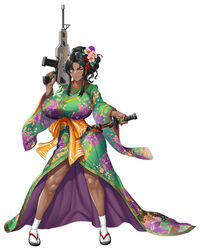 1girls armed assault_rifle big_breasts black_hair breasts bursting_breasts busty cleavage dark-skinned_female dark_skin drawing_weapon enormous_breasts facing_viewer female female_only flower_hair_ornament flowers flowers_in_hair full_body gigantic_breasts gun hair_ornament hi_res high_resolution highres holding_glass holding_weapon huge_breasts japanese_clothes japanese_clothing kimono lilith-soft long_gun looking_at_viewer magazine_(gun) magazine_(weapon) makeup mascara massive_breasts mirabell_bell multicolored muscular muscular_female nail_polish obui official_art overflowing_breasts plain_background rifle roses scabbard sidelocks simple_background solo standing sword taimanin_(series) taimanin_rpgx thick_thighs thighs top_heavy unsheathing voluptuous weapon white_background yellow_eyes yukata rating:Explicit score:91 user:ron50