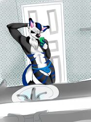  2015 aleusha anthro bathroom biped black_body black_fur black_hair blue_body blue_fur blue_hair blue_stripes bulge canid canine cellphone chest_tuft closed_eyes clothing door electronics femboy fox fur hair hand_on_head hi_res inside male mammal mirror multicolored_body multicolored_fur multicolored_hair phone pose rcfox seductive selfie solo standing stripes thong tuft two_tone_hair underwear white_body white_fur  rating:questionable score: user:bot