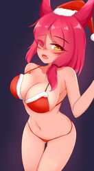 ayatori bikini blush bra breasts christmas christmas_outfit cleavage fangs hat large_breasts league_of_legends looking_at_viewer navel panties red_bikini red_bra red_hair red_panties riot_games santa_hat standing tagme thighs xayah yellow_eyes rating:Safe score:45 user:AbsoluteTerritory